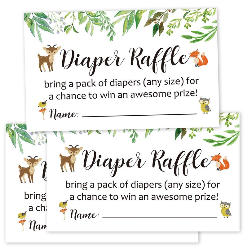 Giftideaworkshop Diaper Raffle Tickets Woodland Baby Shower Game Invitations Insert for Boy Girl, Bring a Pack of Diapers to Win Favors, Lottery Insert Card, Green, 3.5" x 2", Pack of 50 - Image 1